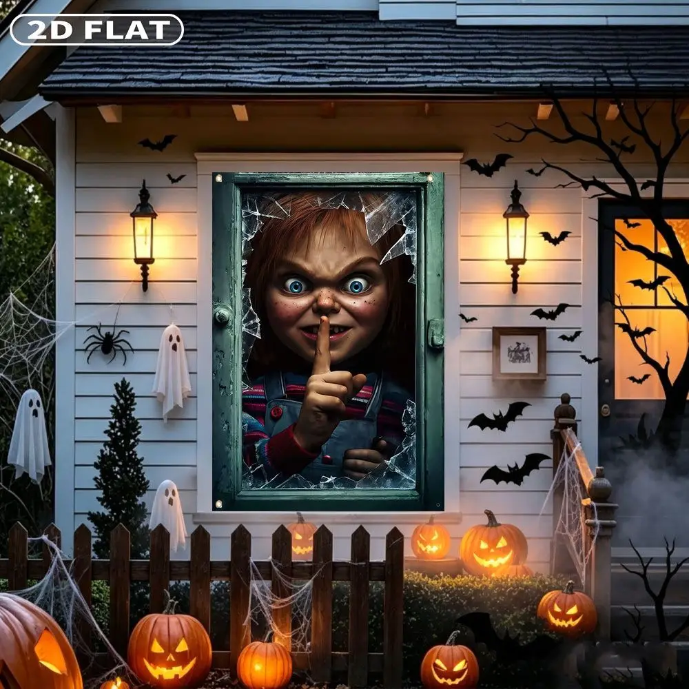 2D FLAT 1pc Party Banner, Halloween Window Cover with Chucky Doll Peeking Through Broken Window Glass,122x88cm, Polyester
