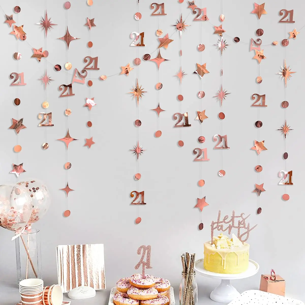 Rose Gold 25th 21th Girls Happy Birthday Banners Decorations Number Years Old Circle Dot Twinkle Star Garlands Hanging Streamers