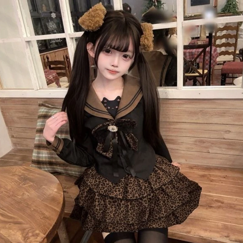 

Japanese Gothic Lolita Style Skirt Set Women Vintage Bow Sailor Collar Coat Leopard Print Cake Skirts Suit Harajuku Y2k Outfits