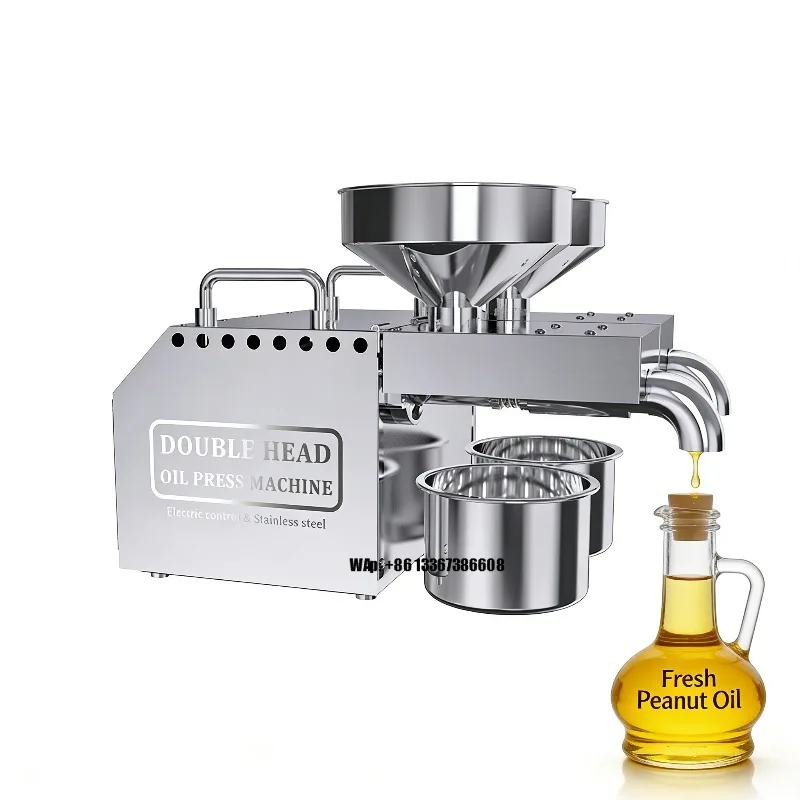 

High-quality double-head oil press, stainless steel body, suitable for commercial use of peanuts and sesame seeds
