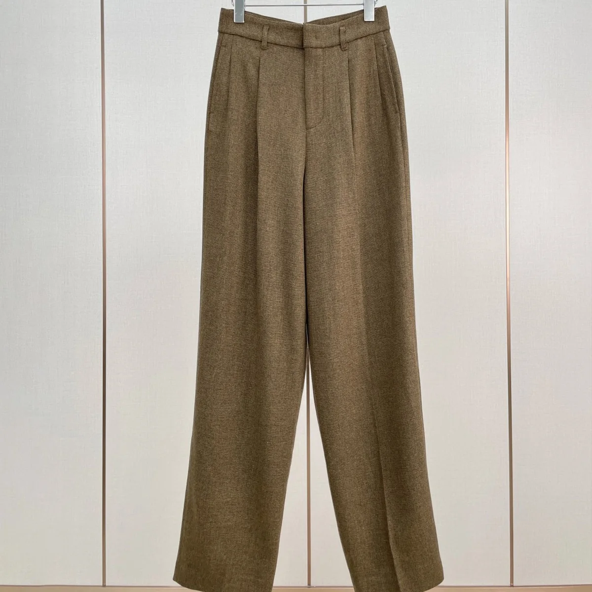 High Quality Women Tweed Wide Leg Trousers, High Waist Pleated Suit Pants, Vintage Straight Long Pants lyt134643