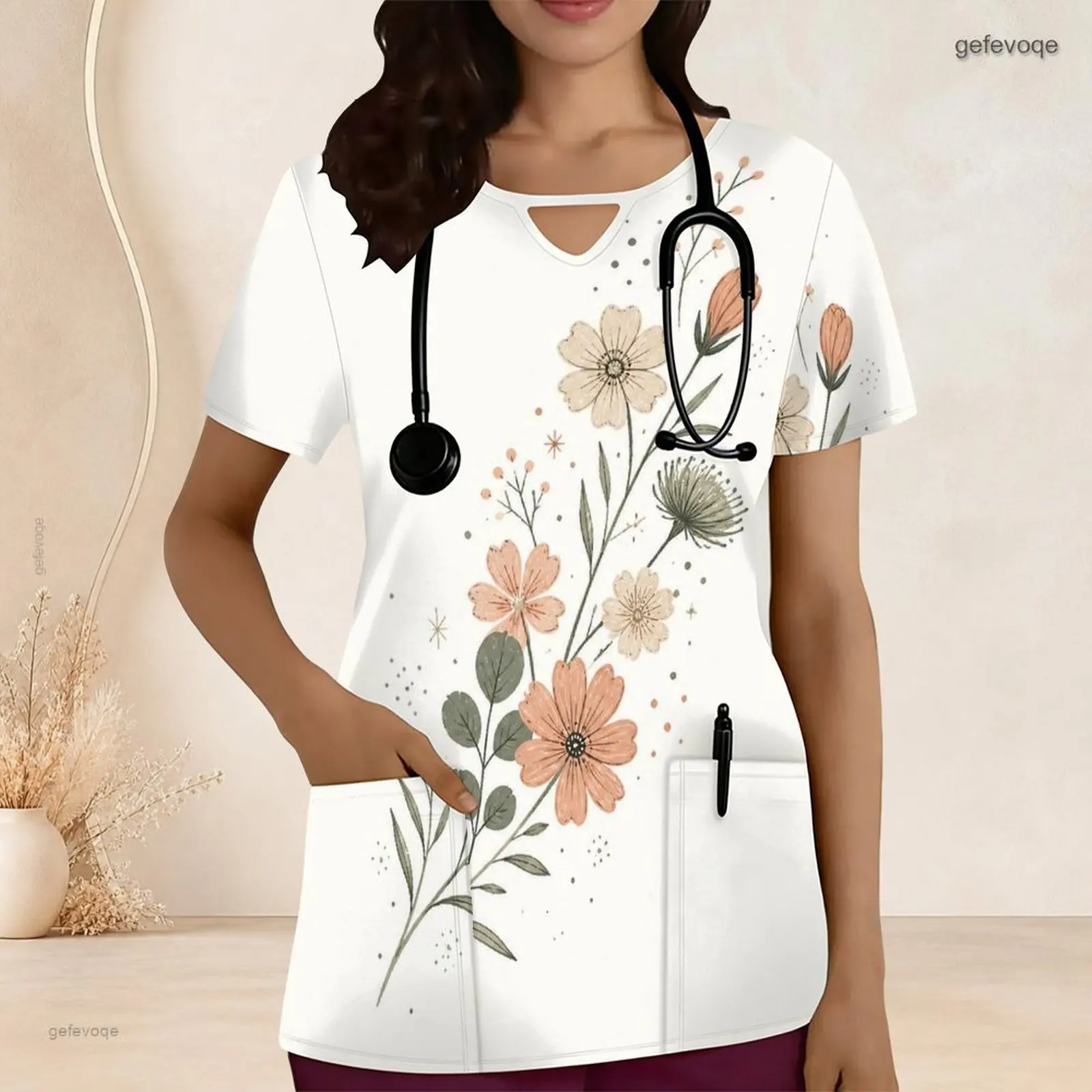 Women Printed Scrub Top Keyhole Neck Short Sleeve Front Pockets