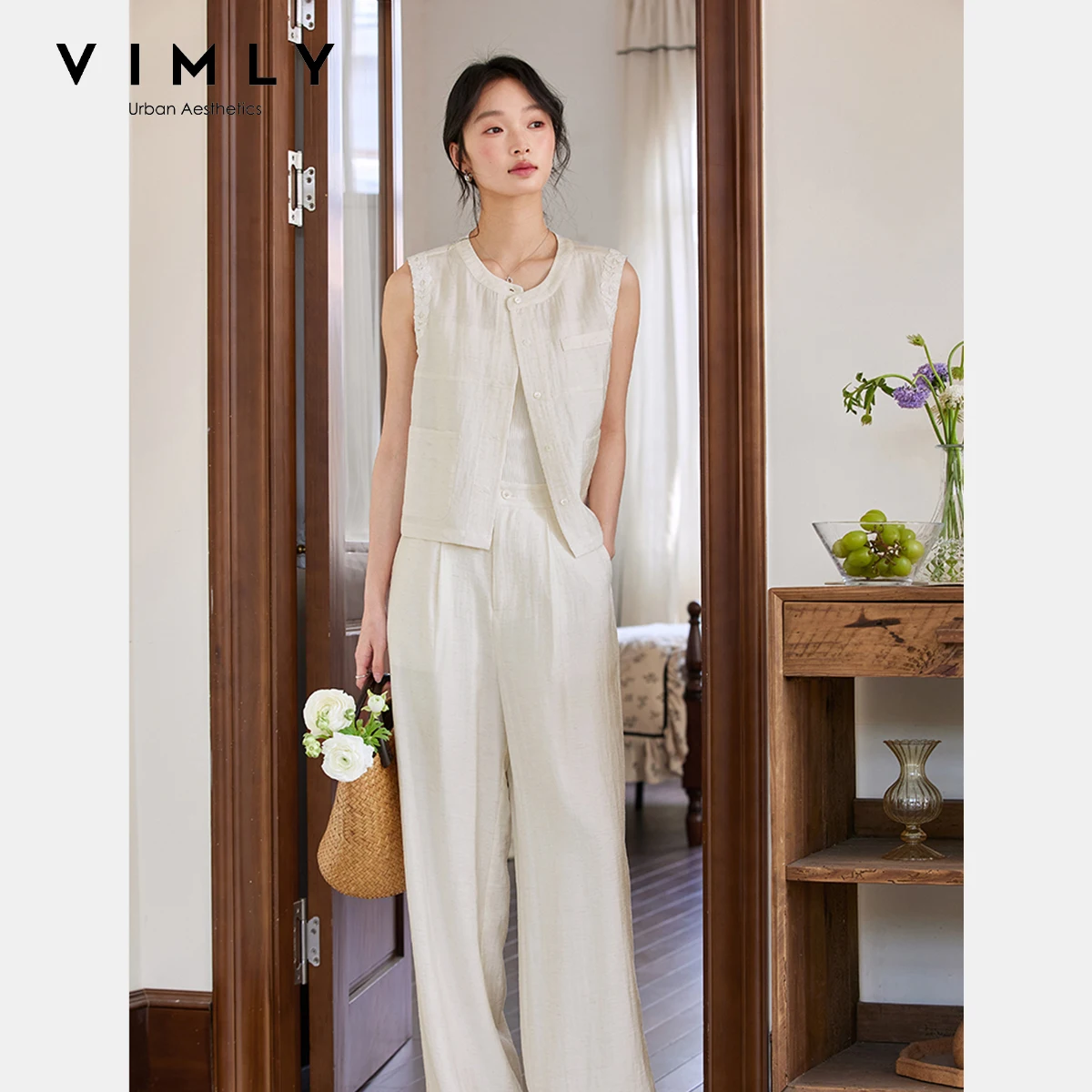

VIMLY Linen Two-piece Set Old Money Style Woman Summer 2025 Sleeveless Vest Vintage O-neck Shirt Wide Legs Pants Lady Suit A0820