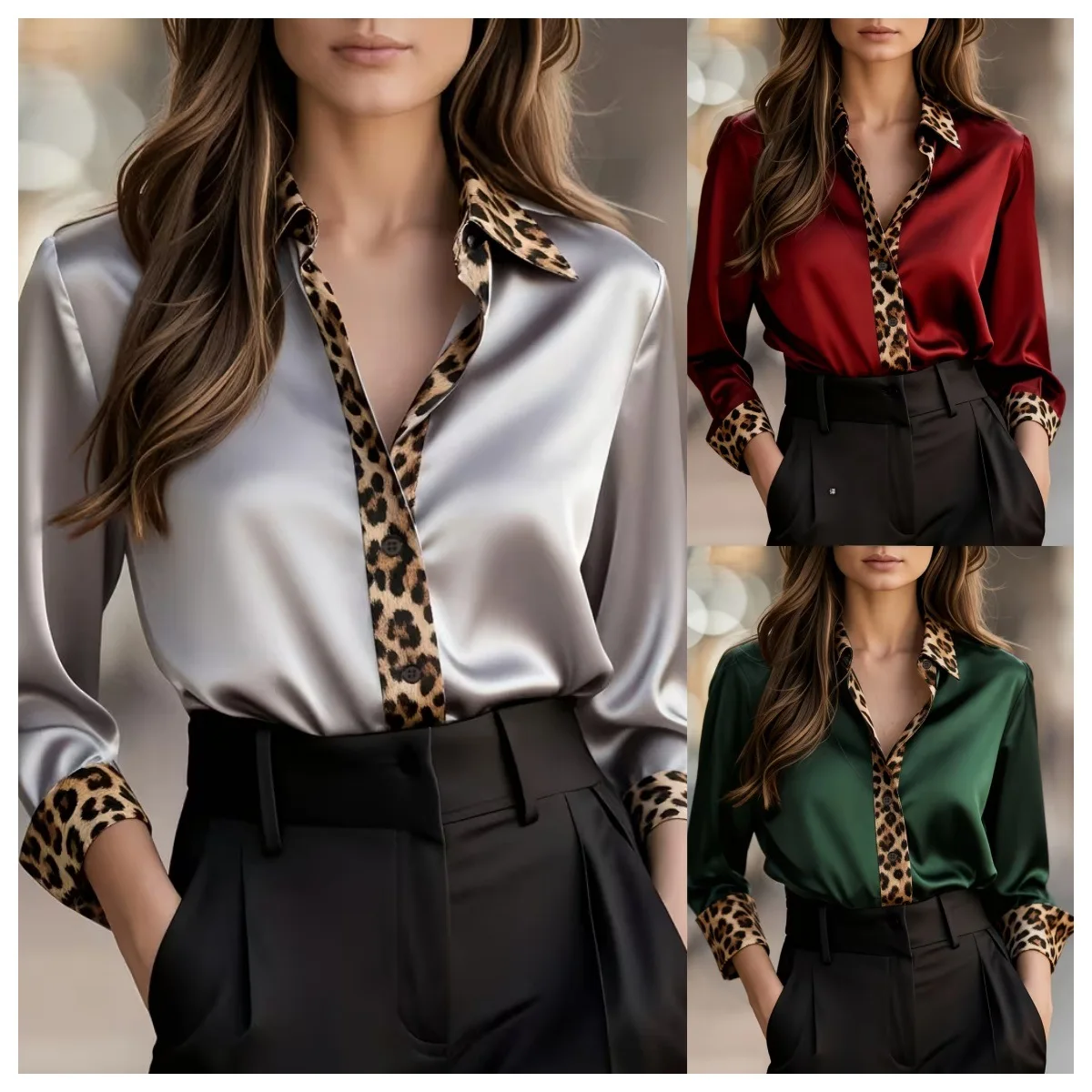 

Spring Summer New Fashion Leopard Print Women Casual Long Sleeved Shirt Simple Round Neck Female Satin Blouses