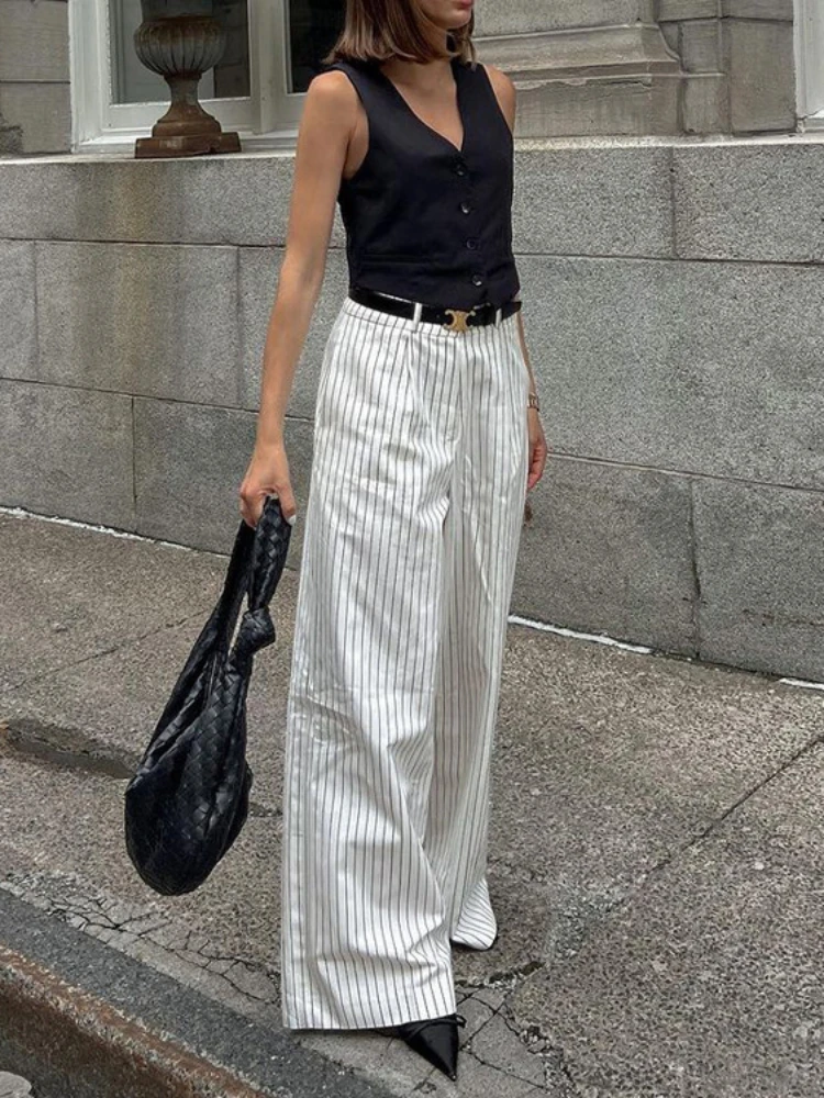 Tossy Women\'s Casual Black White stripe Wide Leg Pants 2024 New Fashion High Waist Zipper Loose Work Business Pants with Pockets