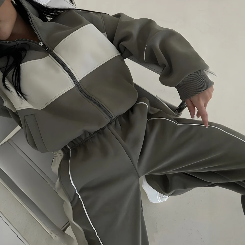 Conjunto de sudadera y pantalones de contraste de manga larga para mujer, traje informal, moda Otoño Invierno