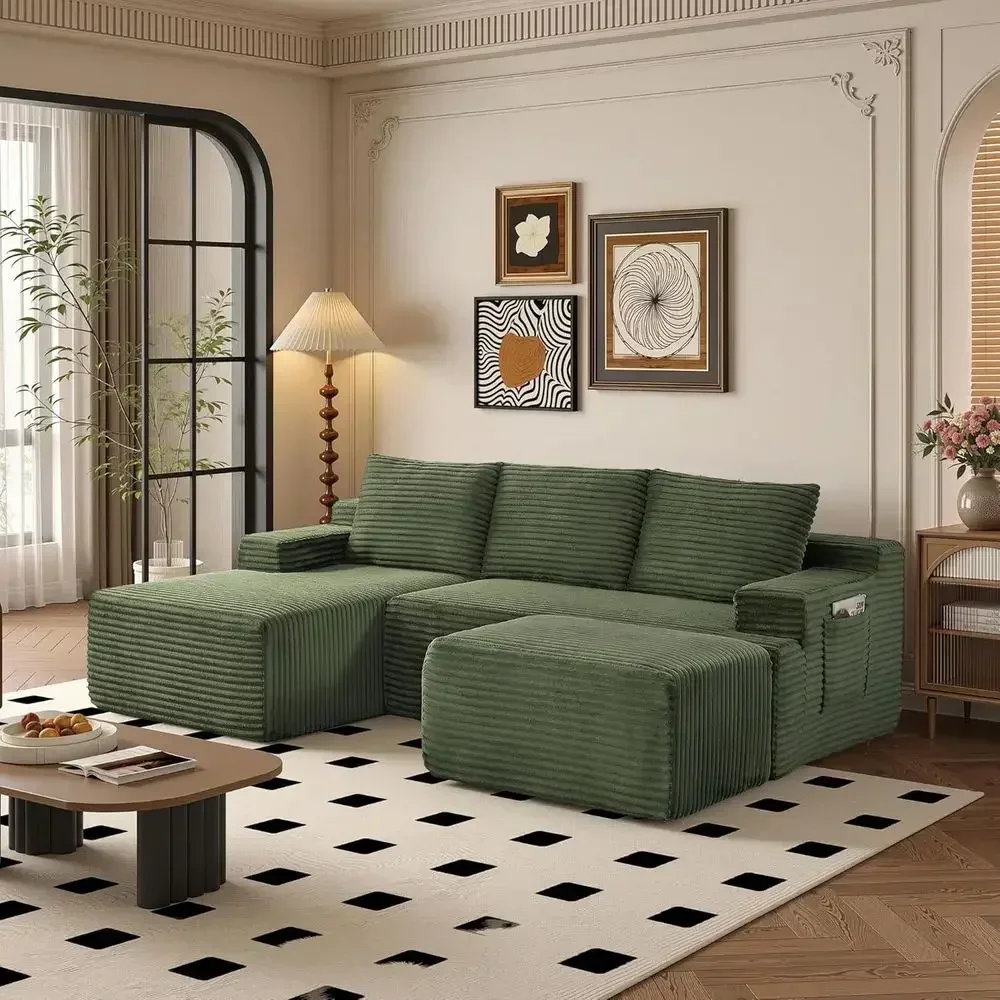 96 Modern L-Shape Sectional Sofa with Chaise, 2 Seaters, and Ottoman in Green