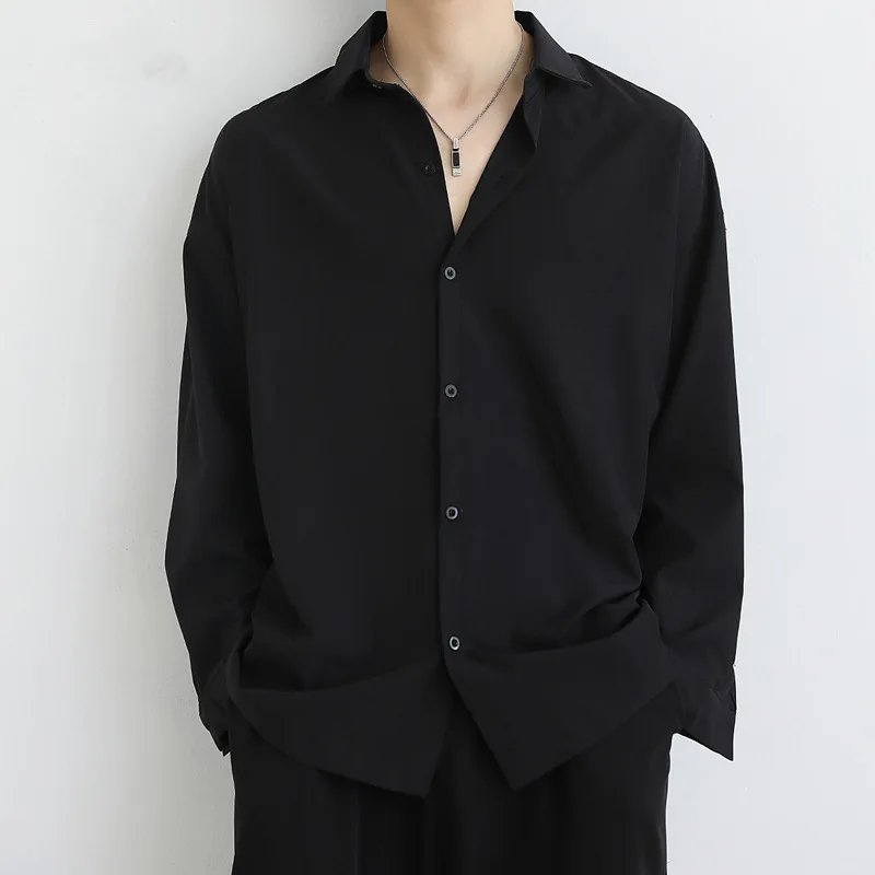 Loose Ice Silk Drape Black Shirt Men's Long Sleeves Autumn Trendy Ruffian Handsome Dk Men's Jacket Casual Men's White Shirt