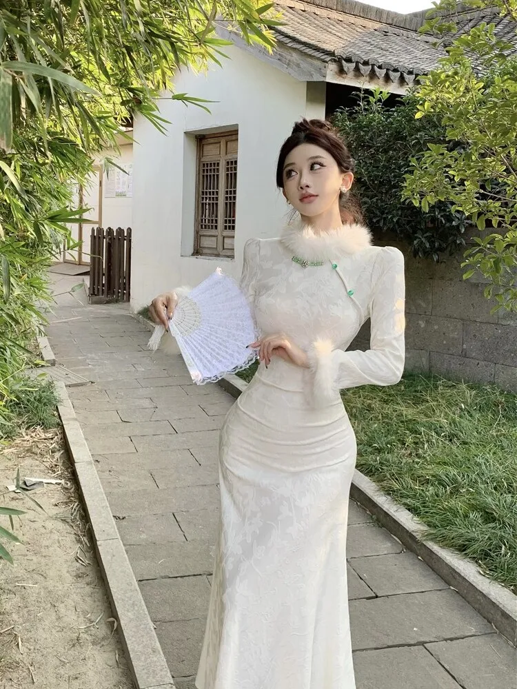 

Feifei Retro Chinese Sle Dr Waist Cinched Fur Collar Improved Gown Ele Gentle Temperament Evening Gown