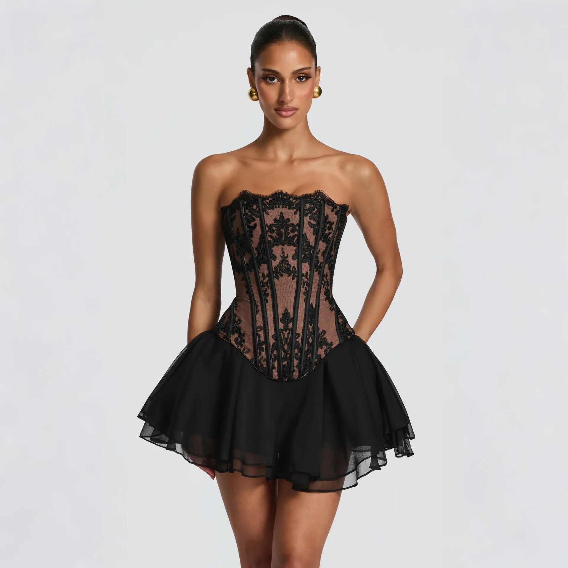 Mingmingxi Summer Sexy 2 Pieces Set Black Strapless Corset Dress Lace Up Top and Fluffy Mini Skirt Set Casual Club Party Dress