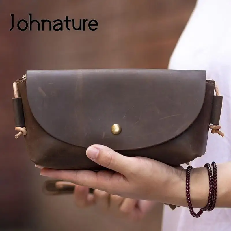 Johnature Handmade Genuine Leather Simple Small Bag 2024 New Retro Real Cowhide Solid Color Versatile Shoulder & Crossbody Bags