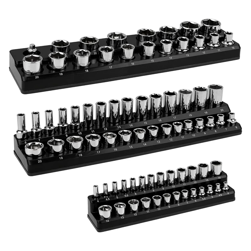 Magnetic Socket Organizer Set, 3PCS Socket Holder Set For 1/4In, 3/8In & 1/2In Drive Metric Socket (Without Socket)