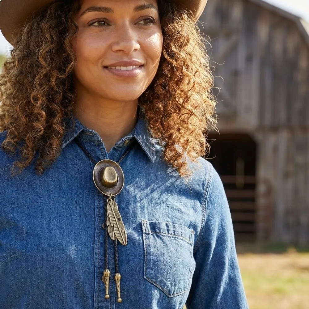 Vintage Western Cowboy Hat Necklace Leather Rope Adjustable Long Pendant Chain Alloy Unisex Metal Feather Necktie Western Style