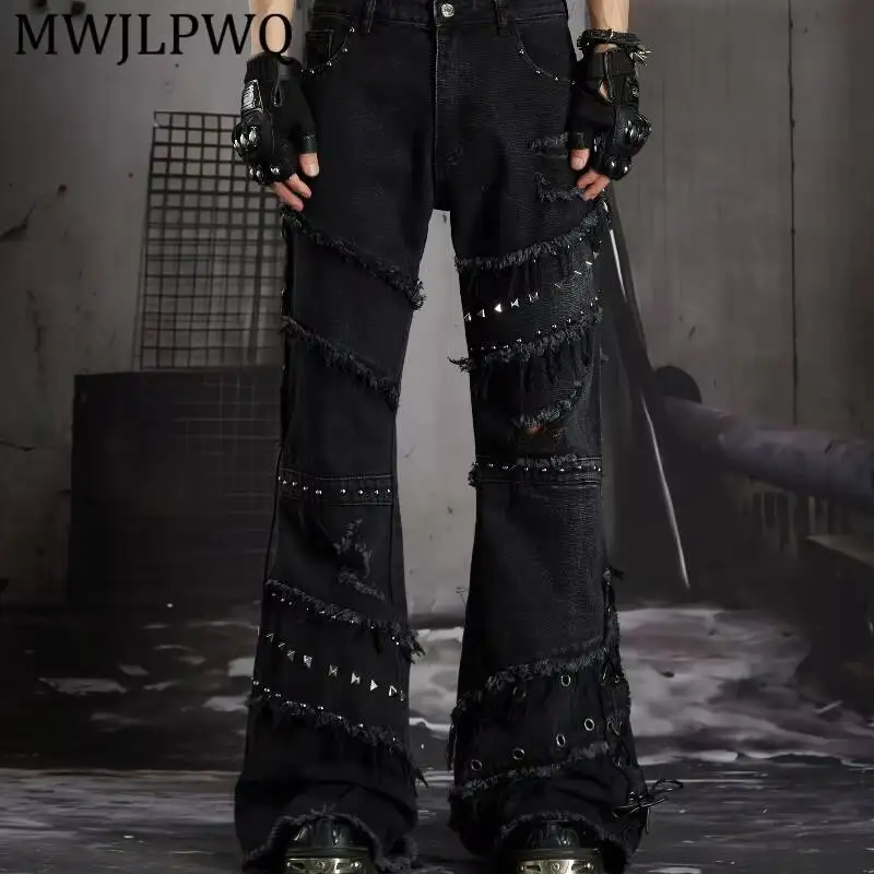 MWJLPWQ Flare Jeans Raw Denim Multi Layer Fringe Patch Distress Hole Decor Drawstring Cuff Unisex Punk Street Trousers 17149