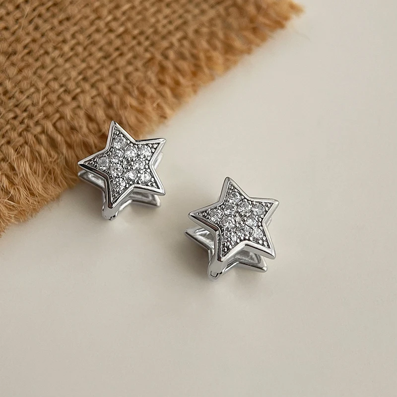 Silver Color Exquisite Full Zircon Mini Star Hoop Earrings for Charming Women Cute Fashion Jewelry Light Luxury Accessories