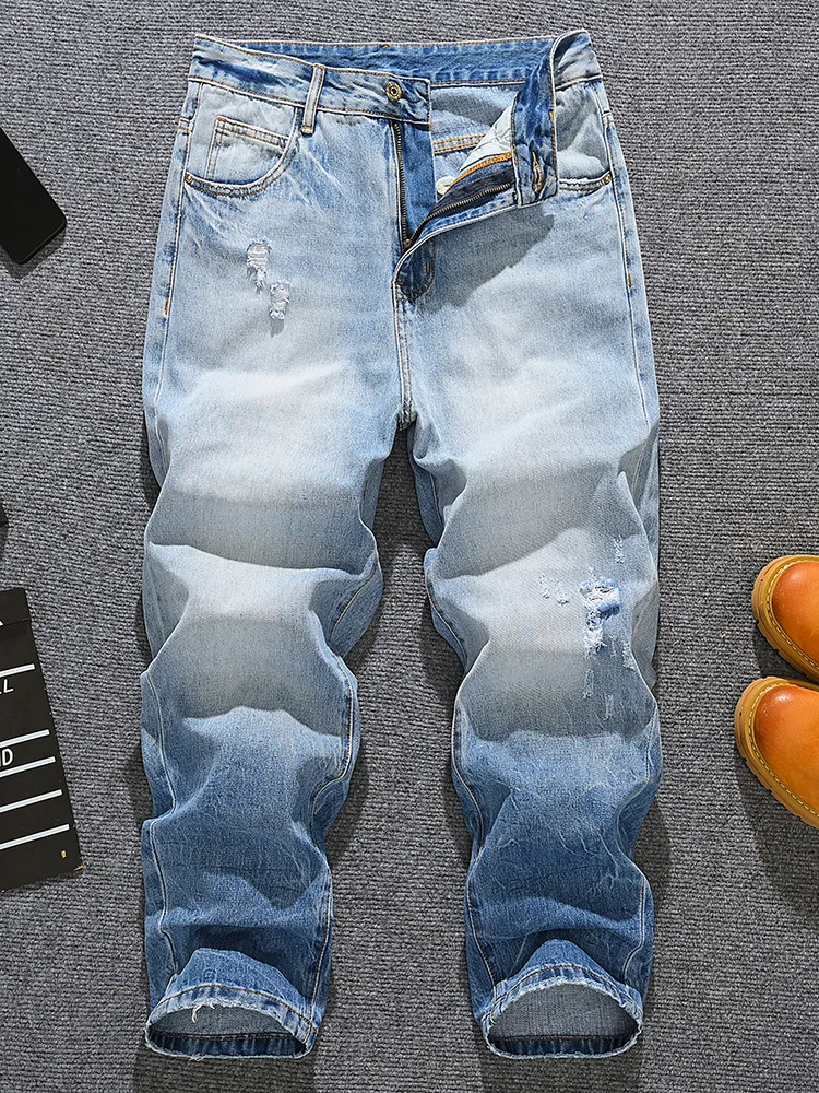 2025年春夏トレンドブランド、メンズ＆ユース向けルーズストレートジーンズ、レトロハイストリートグラデーションブルーパンツ