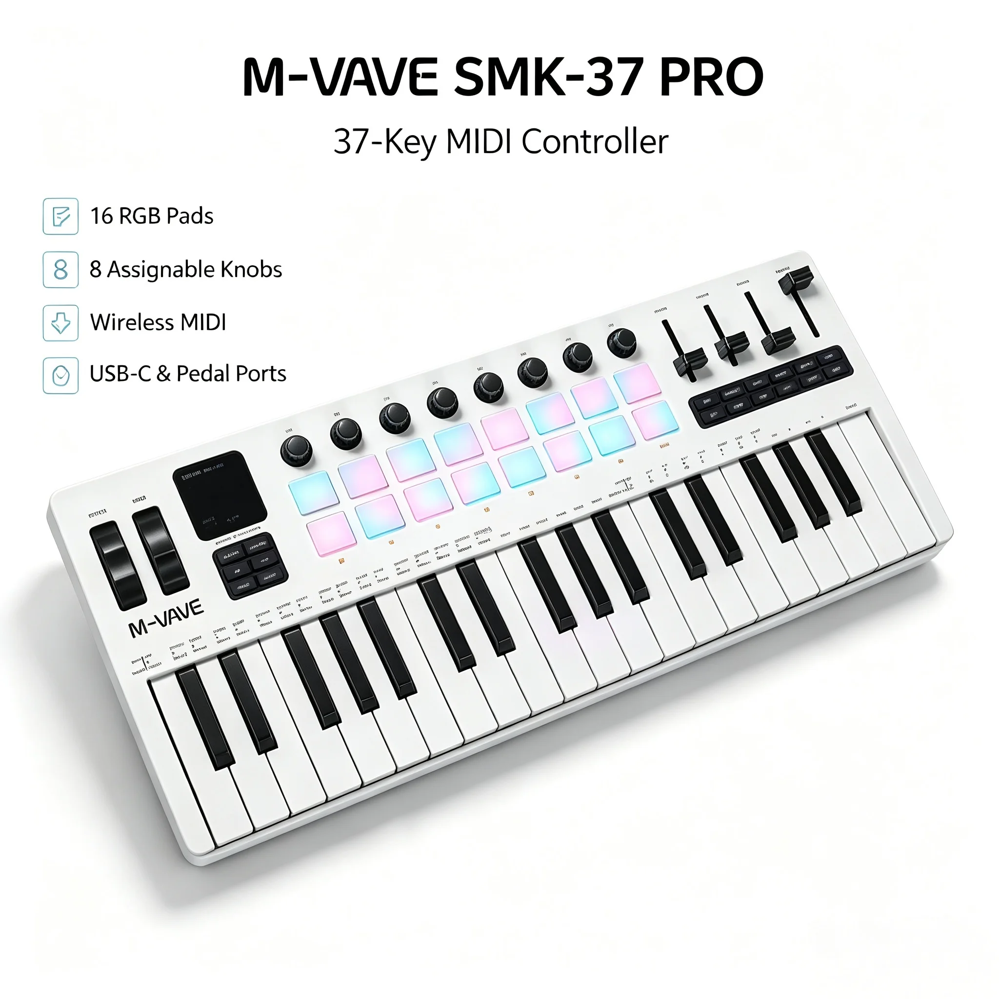 M-VAVE SMK-37 PRO 37-Key MIDI Keyboard Controller with 16 RGB Pads 8 Knobs 4 Faders Wireless Bluetooth