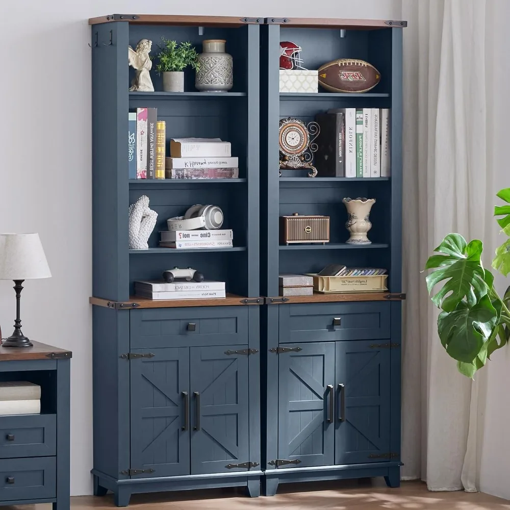 

72in Tall Bookshelf 7 Tier Bookcase with Drawer and Barn Doors and Adjustable Shelves, Blue Farmhouse Book Shelf with Storage
