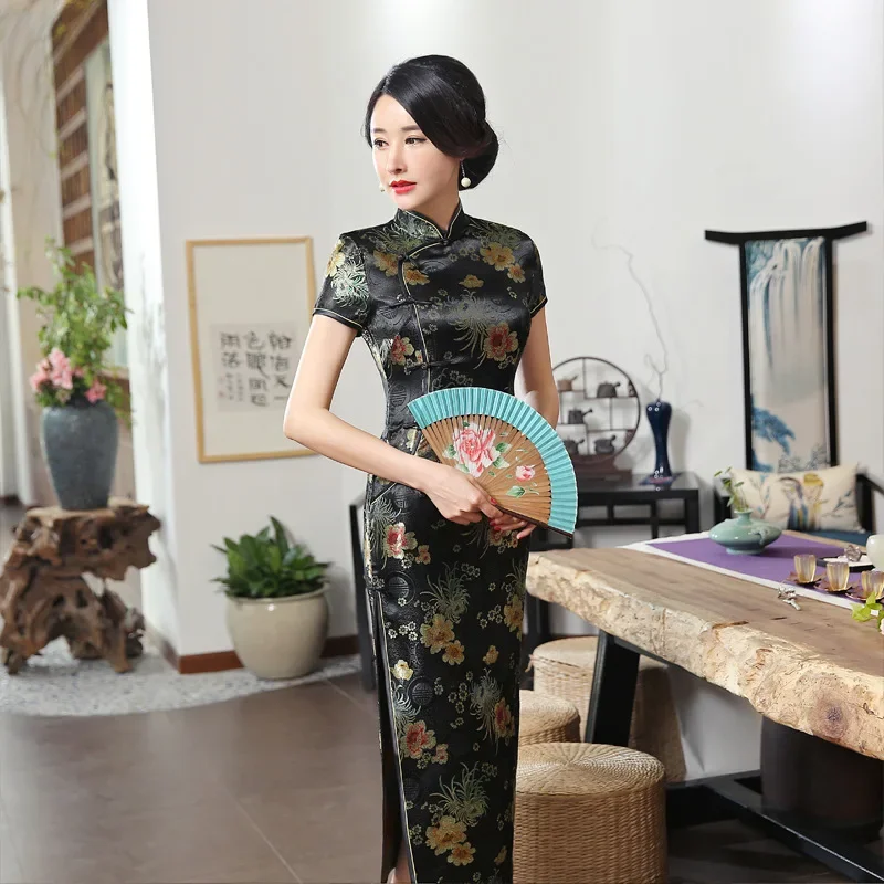 

Китайское национальное длинное платье Cheongsam, винтажное тонкое женское элегантное платье с цветочным принтом, традиционное Ципао
