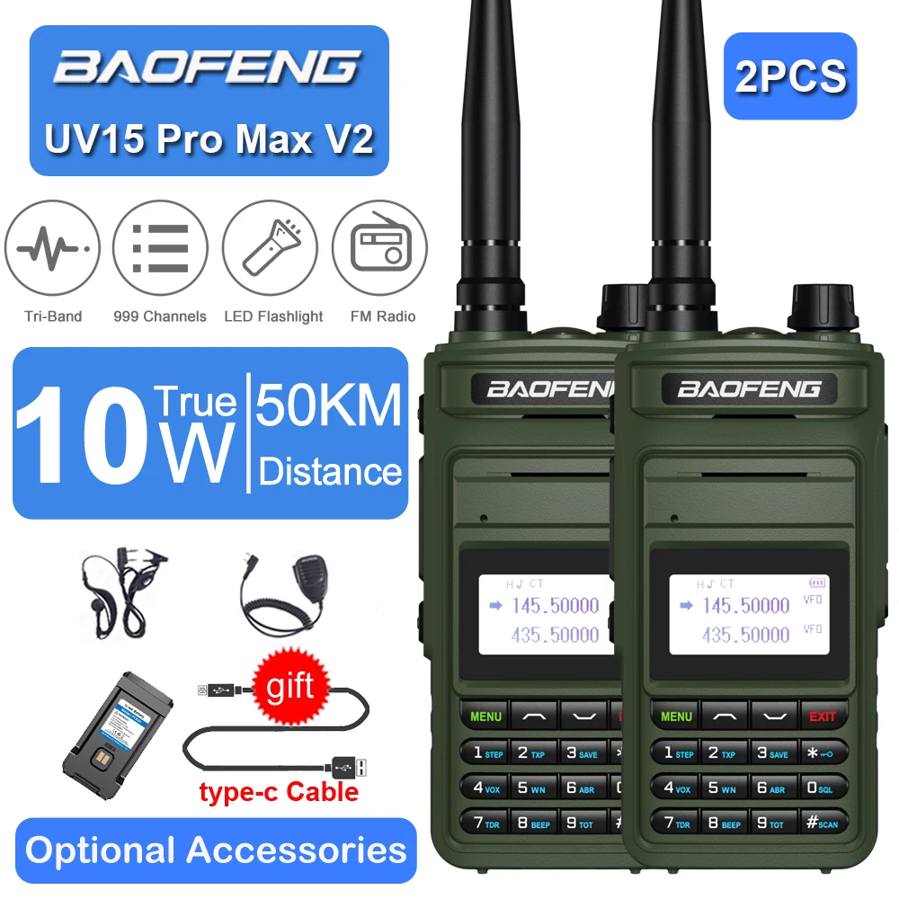 2PCS Baofeng 999CH CTCSS/DCS VOX 10W Walkie Talkie Long Range UHF VHF Dual Band CB FM Radio Two Way Radio Station UV15 Pro Max
