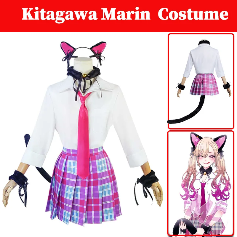 

Аниме Dress Up Cos Darling Kitagawa Marin Pink Cat Косплей Костюм Платье Catear Головные уборы Хвосты Полный комплект одежды Женская Хэллоуин