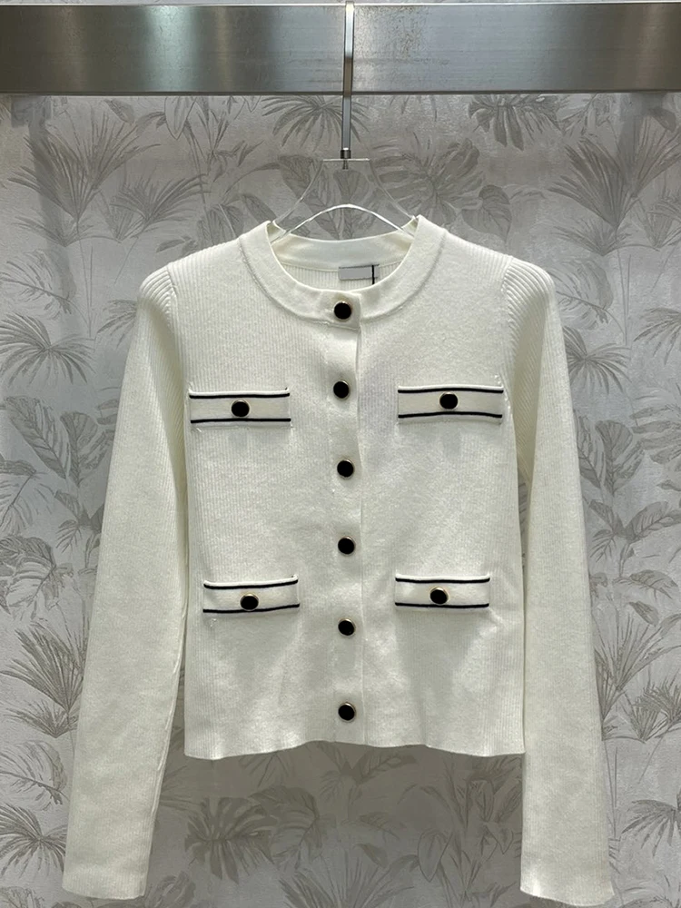 Fashion Designer Autumn White Straight Barrel Cardigan Women's Button Multi Fake Pocket Long Sleeve Casual Sweaters