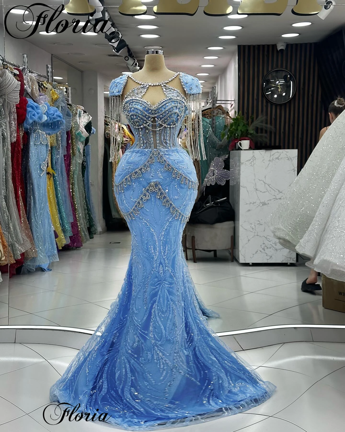 Vestidos de Cóctel de sirena azul cielo con cristales sin mangas, elegantes Vestidos de graduación para mujer, Vestidos femeninos de celebridades