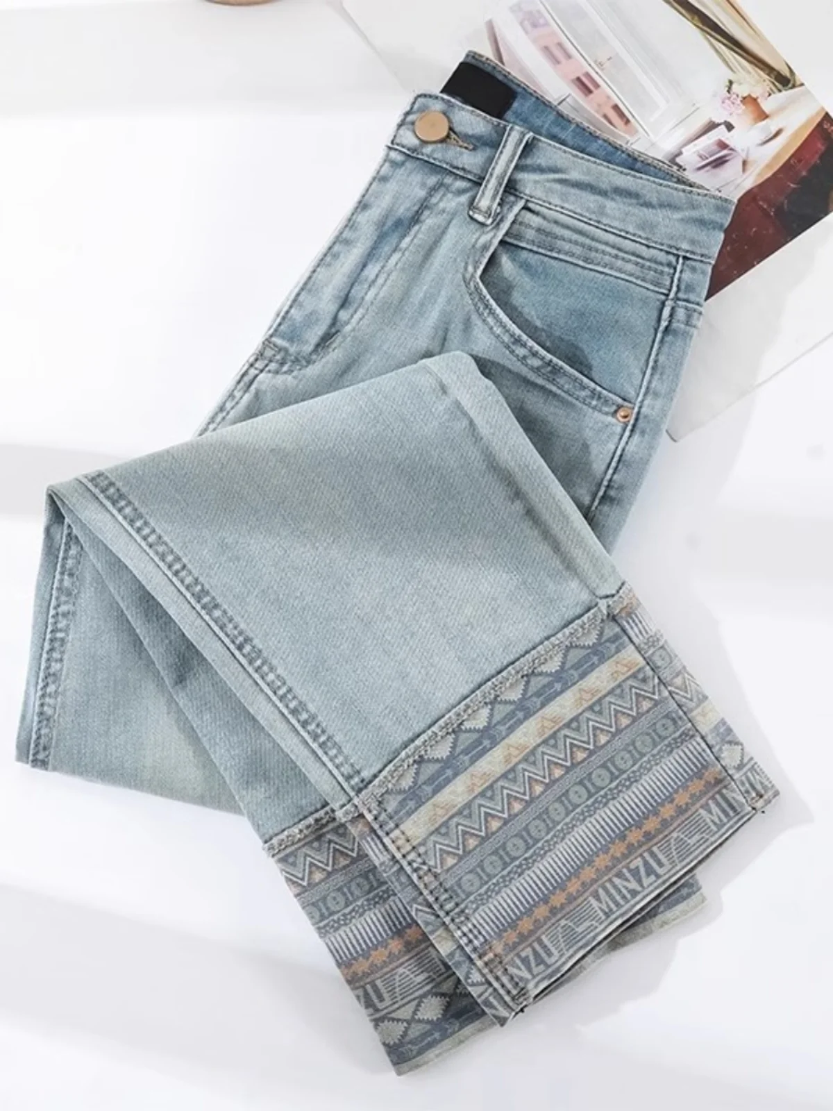 

High Waist Straight Leg Jeans Women's plus Size Nine Points French Bread Pants Spring Autumn Blue Color Zipper Closure