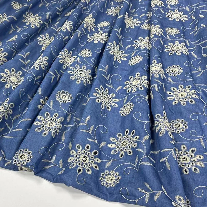 Denim Fabric Blue Thin Cotton Sunflower Embroidered Polyester Cotton No Elasticity per Half Meter