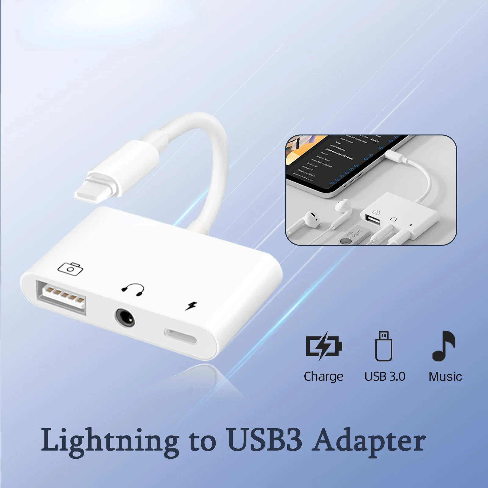 Lightning iPhone to USB3 OTG Camera Adapter 3.5mm Headphone Audio Jack Splitter for iPhone14/13/12/iPad with Charging