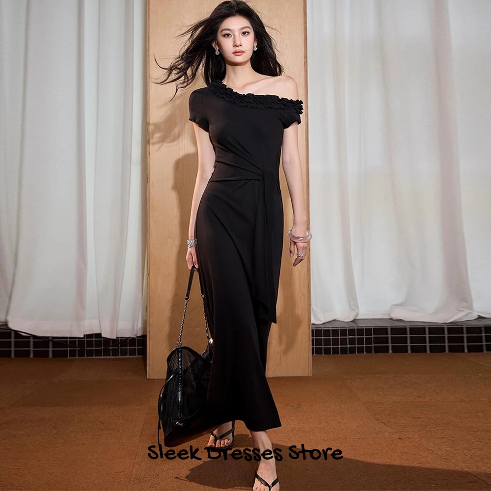 Simple Black Jersey Short Sleeves Evening Dress Mermaid Ankle Length Prom Gowns Elegant One Shoulder Party Dresses with Ruffles
