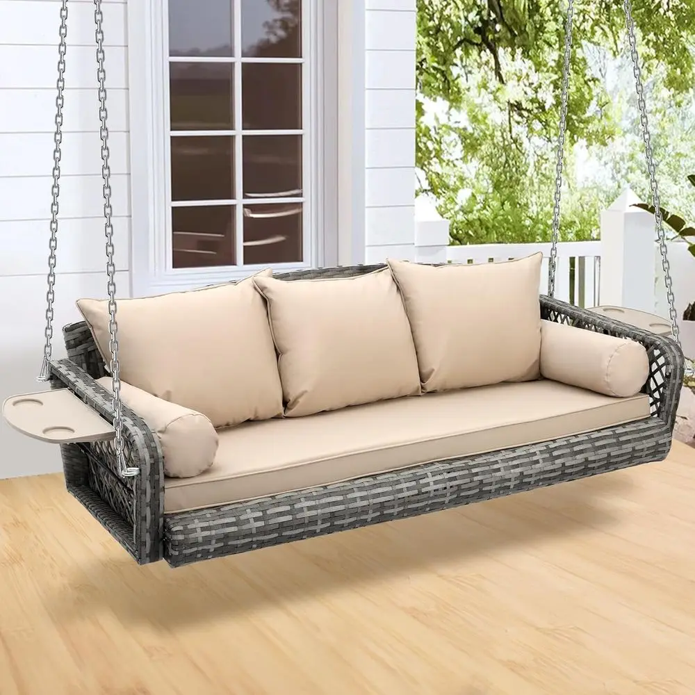 

Большое плетеное подвесное кресло-качели на 3 человека (76 дюймов) с подушкой и регулируемой цепью для улицы, патио, заднего двора или зоны у бассейна