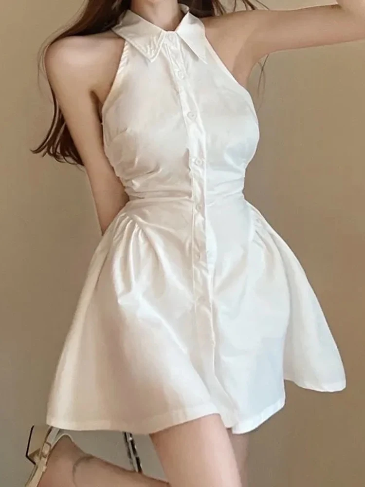 

Elegant Sleeveless Women Dress Summer Simple Breasted Slim A Line Dresses Fashion Folds Casual Lady White Vestidos New