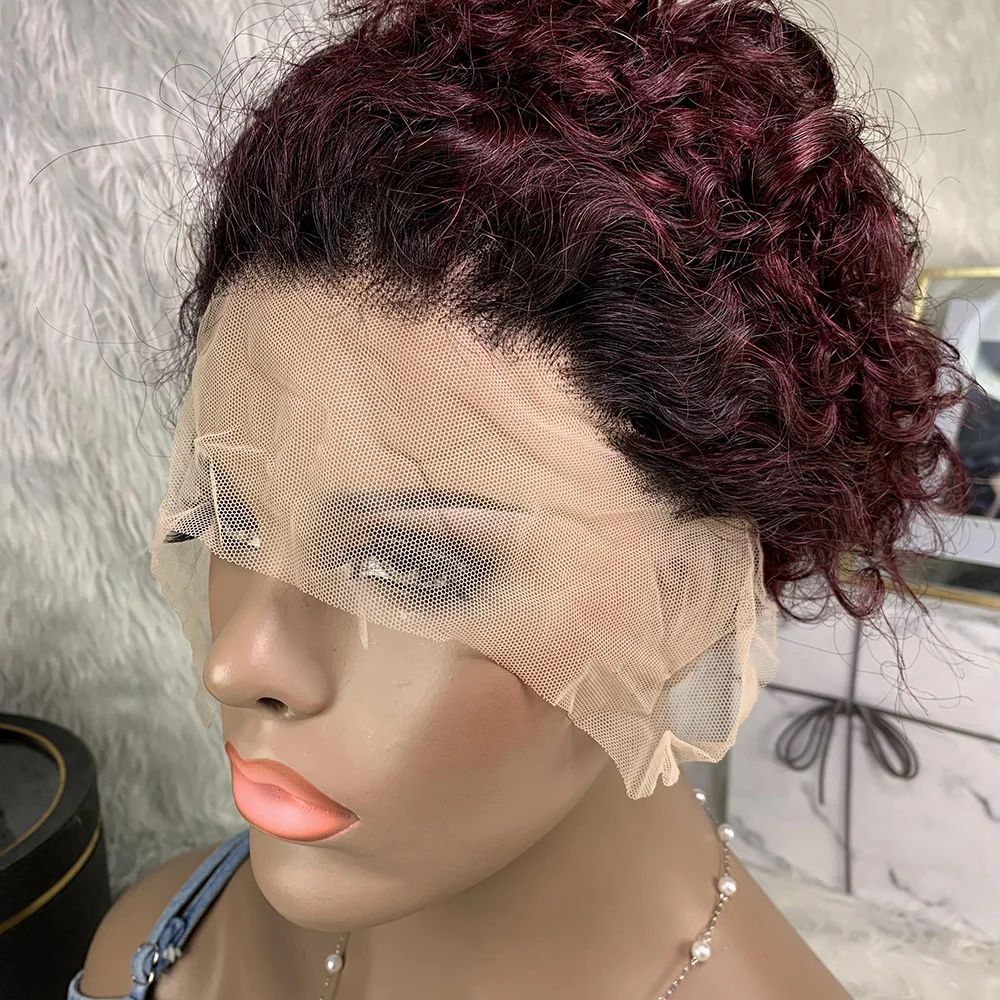 Pixie Cut Wig Human Hair 8 Inch Short Curly 13x1 Lace Front Wigs Short Curly Human Hair Wigs for Black Women 150% Density 1b/99j