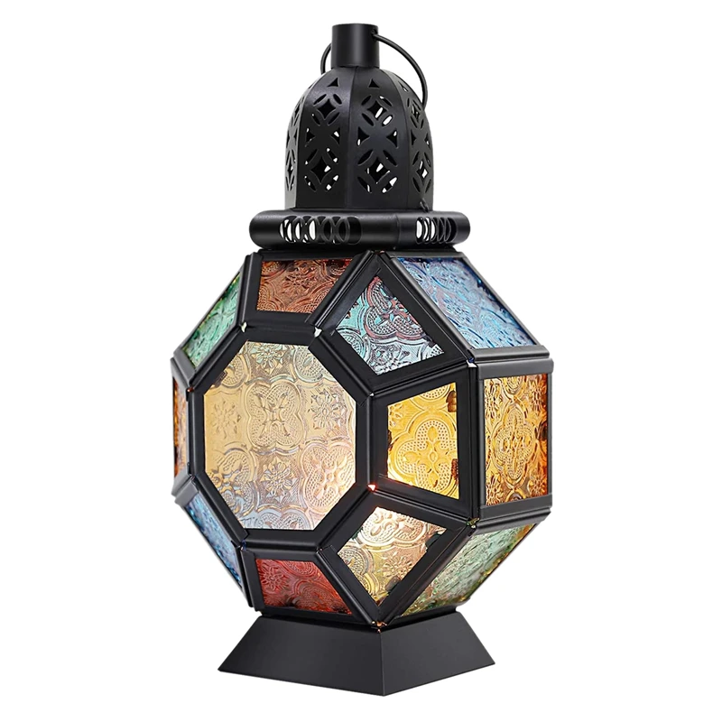 Retro Iron Candle Lantern,Portable Moroccan Stained Glass Candle Holder Hanging Lamp Horse Light Wind Lantern,Home Decor-A55K