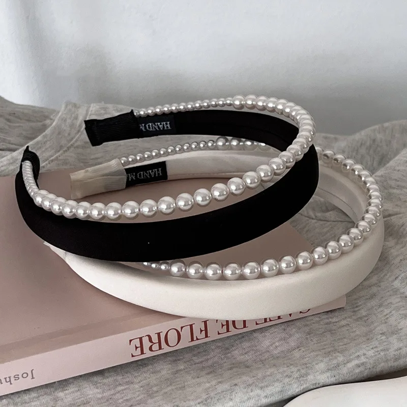 French Elegant Satin Imitation Pearl Grace Double-Layer Headband Hair Hoop Hair Accessories for Women