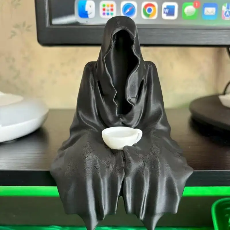 Halloween Sitting Ghost with Tea Cup Horror Black Robed Night Walker Decorative Statue Mysterious Master Resin Craft Ornament