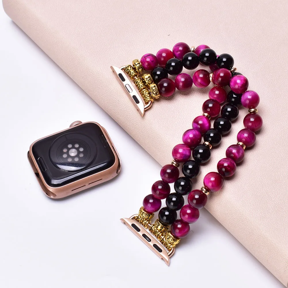 Tiger Eye Black Onyx Apple Watch Band 38mm 40mm 41mm 42mm 44mm 45mm Natural stone Beaded Bracelet Strap for Iwatch Series 1-SE