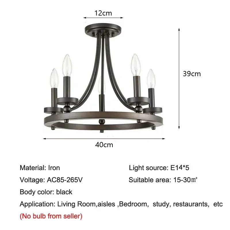 Loft American Iron Art Chandelier E14 Candle Living Room Lamp Simple Personality Retro Dining Room Kitchen Study Ceiling Light