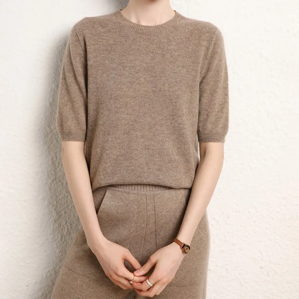 

Women's First-Line Garment Seamless Mountain Cashmere Sweater round Neck Half Sleeve Knitted Base Shirt Slimming Inner Top