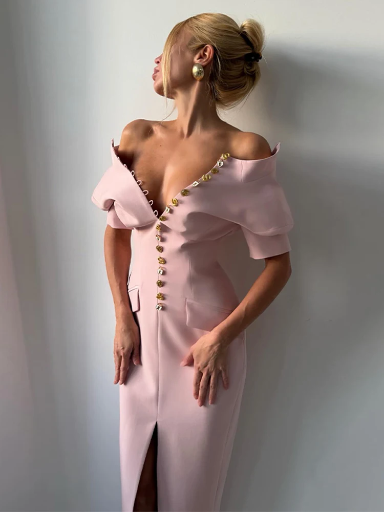 Tief Ausgeschnittenes Kurzarm-Kleid mit Taillenschnürung Langes Damenkleid Sexy Einreihiges Einfarbiges Schlankes Party-Abendkleid Schickes Damenkleid Vestido – Detail 17