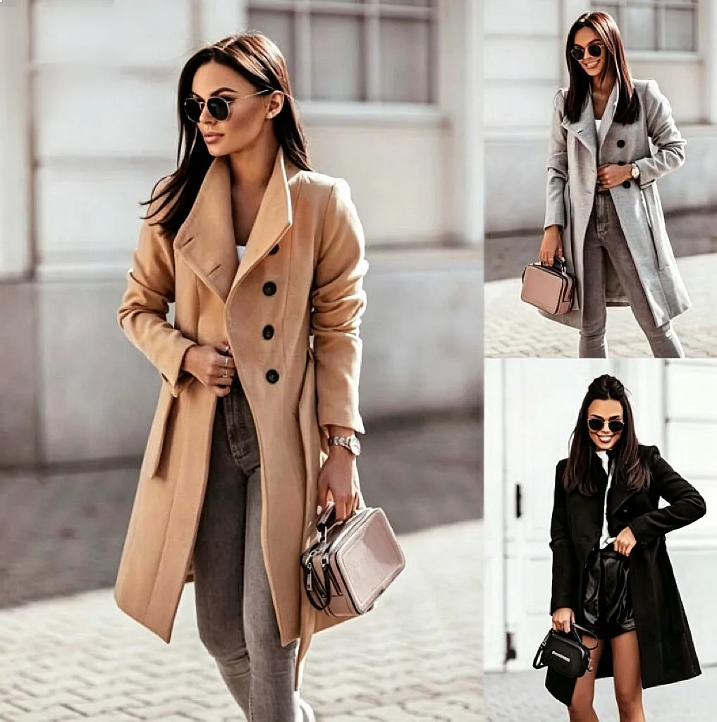 Großhandel Damen Wollmantel Doppelreihig mit Gürtel Trenchcoat Oberbekleidung Frühling Herbst Winter Mäntel