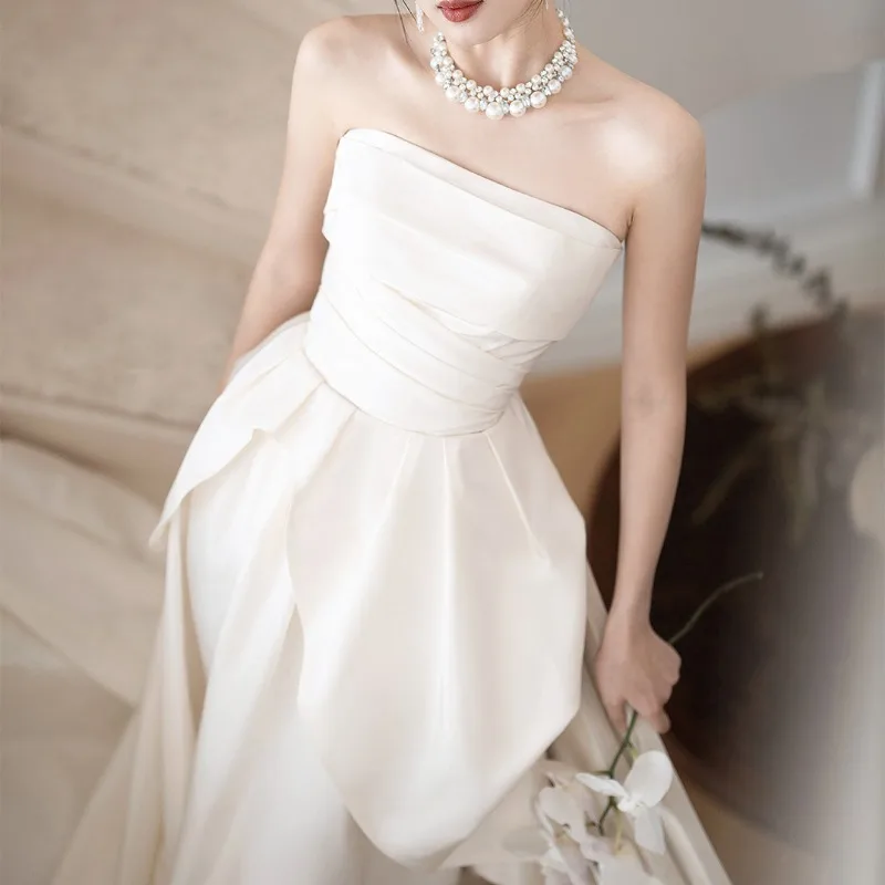 فستان زفاف فرنسي بدون حمالات، فستان زفاف خفيف وفريد للنساء، مناسب للتسجيل، أنيق، فستان أبيض طويل