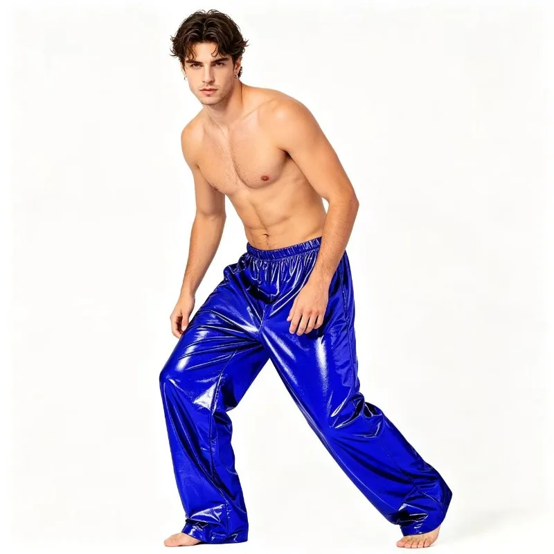 Herren-Hose mit glänzendem Metallic-Effekt, gerades Bein, elastische Hose mit Kordelzug an der Taille, lockere Hose, Nachtclub, Disco, Bühnenauftritt, Party-Kostüm – Detail 7