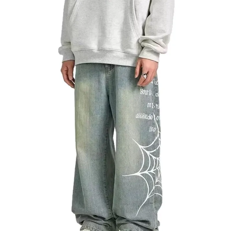 `1 Pair Men Denim Jeans, Y2K High Street Hip‑Hop Style, Spider‑Web Print, Loose Straight Wide‑Leg Long Trousers, For Daily Stree