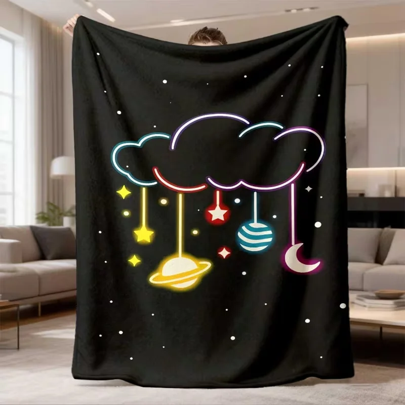 Neon Cloud Planet Moon Star Print Blanket Black Background Cute Outer Space Soft Blanket Bedroom Sofa Decor Nap Blanket