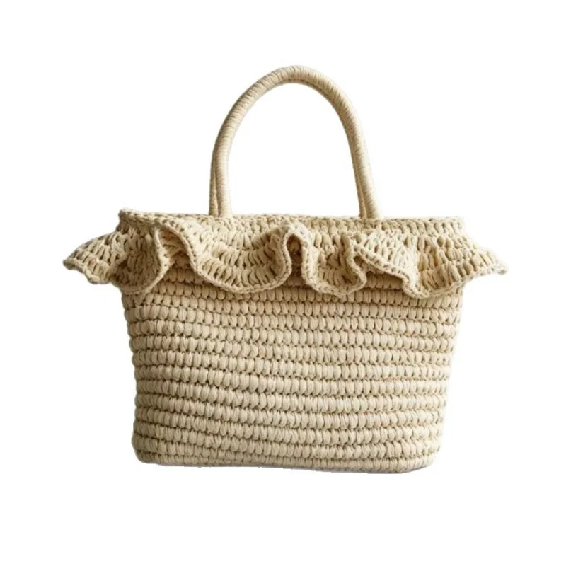 

French Ruffled Edge Grass Woven Tote Bag Women's Summer Handmade Knitting Handbag Beach Vacation Versatile Vegetable Basket Bags