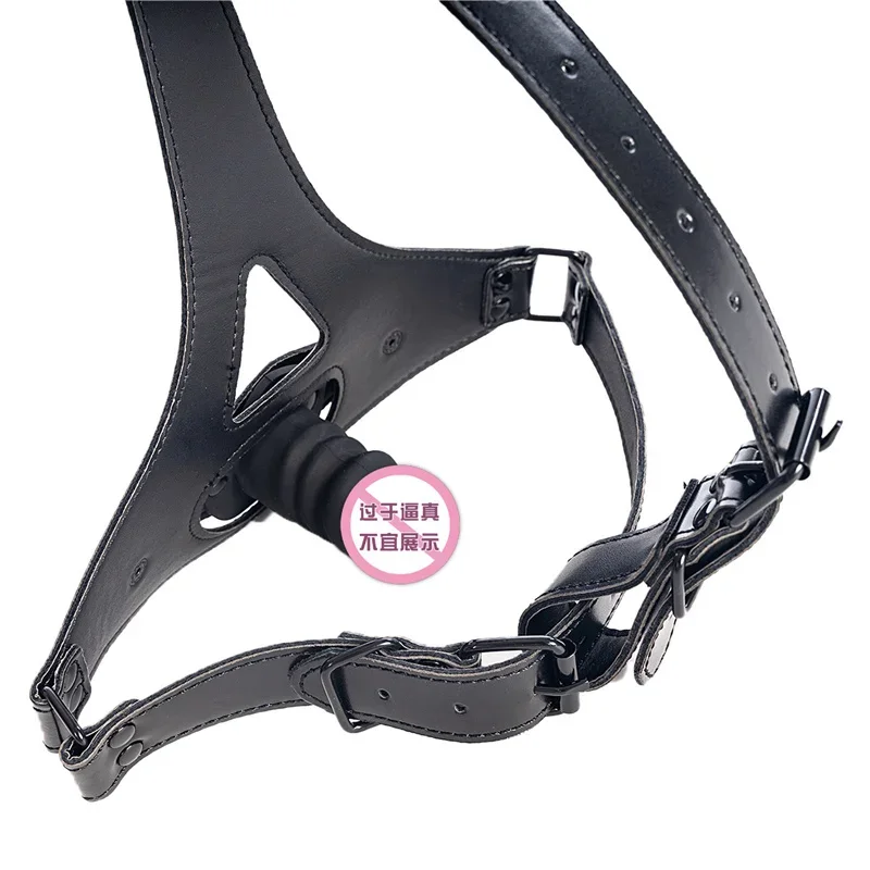 PVC Leather Head Harness Straps Face Mask Silicone Dildo Penis Removable Open Mouth Plug BDSM Restraint Cosplay Adult Sex Toy