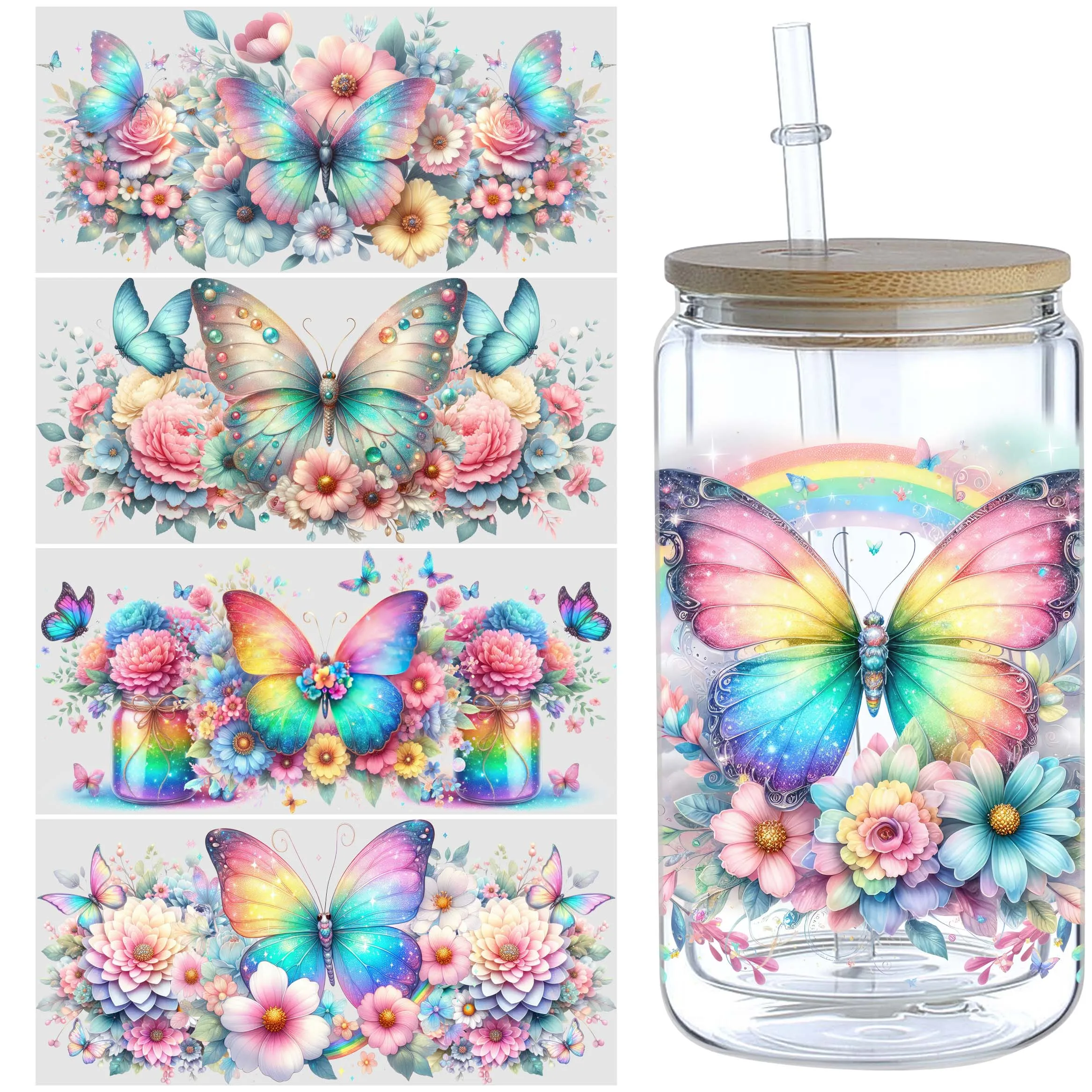 5 Sheets Butterfly UV DTF Cup Stickers, Glass DTF Transfer Stickers, Waterproof Beautiful Butterfly Wipe Transfer Paper for 16 o