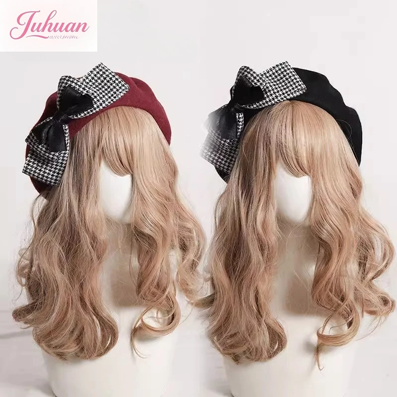 Japanese Black Beret Women British Retro Lolita Bow Plaid Thousand Bird Plaid Hat Female Autumn Winter Soft Sister Versatile Hat